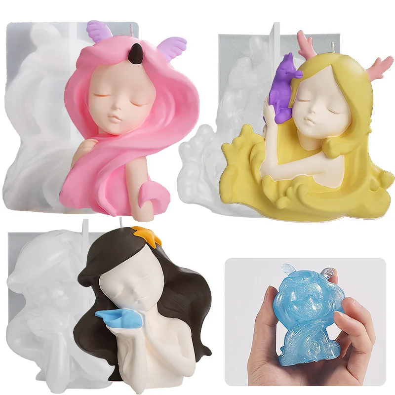 3D Oceanid Mermaid Candle Silicone Mold Cartoon Sleep Girl Statue Plaster Candle Soap Resin Mould Art Gifts Desktop Decor