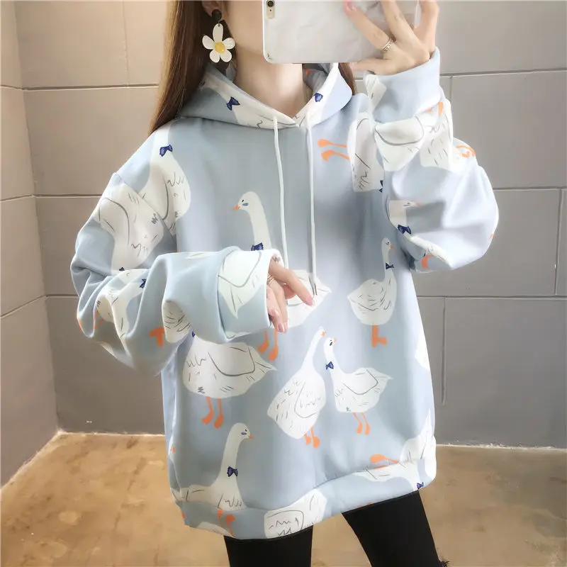 Winter Light Blue Long Sleeve Fleece Fashion Women's Clothes Hoodie Bow Tie Duck Cartoon Printing Sweatshirt Pullover Female New