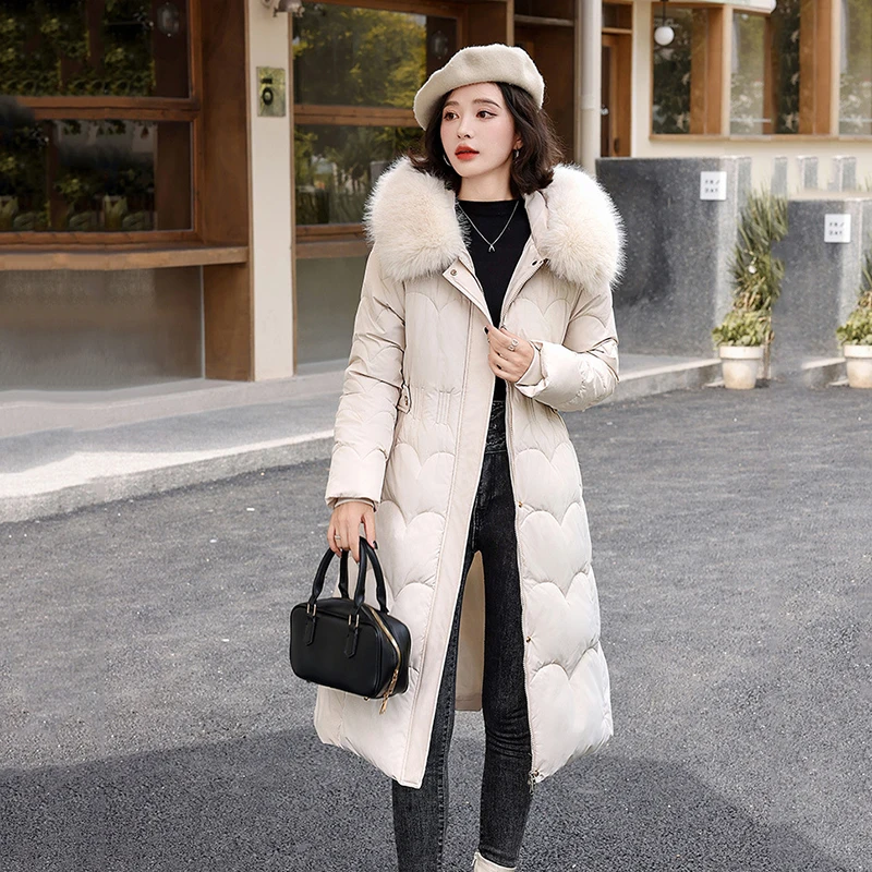 Elegant Winter Fur Hooded Down Jackets Women Clothes Cotton Padded Coat Warm Thick Long Parkas Winter Women Snow Puffer Jacket