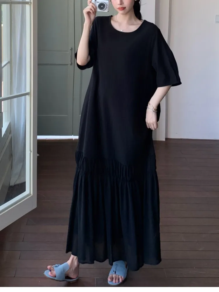 Plus size Lazy Casual Ladies Dresses European Holiday Women Patchwork loose Fake Two Piece Long Maxi Cotton T-Shirt Dress