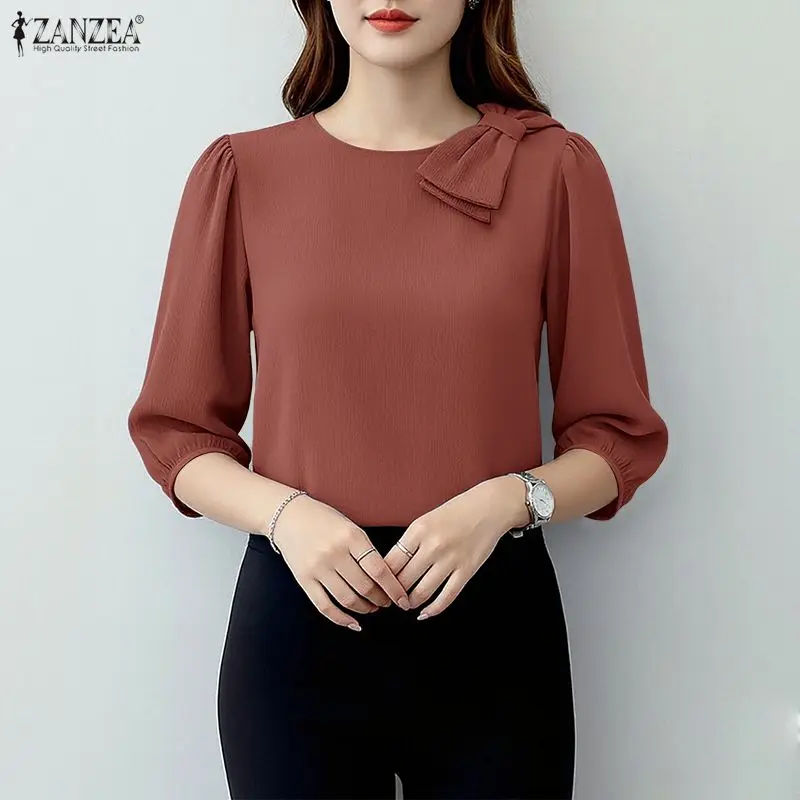

2026 ZANZEA Женская летняя однотонная блузка для работы, модная элегантная рубашка с рукавом 3/4, женская повседневная туника с круглым вырезом для отпуска