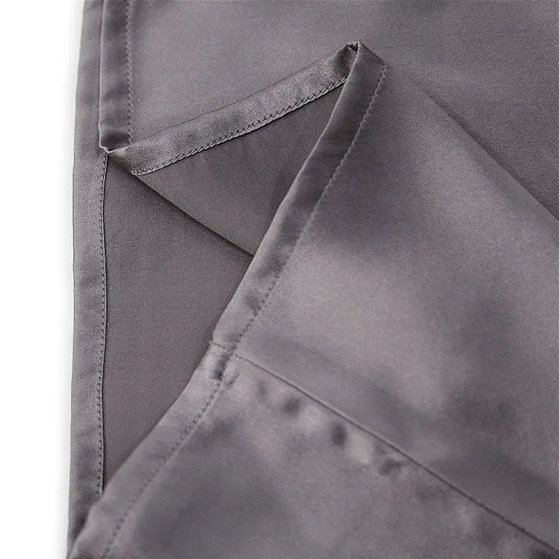 2025 Frauen Herbst Neue Schwere 100 % Natürliche Maulbeerseide Satin Tiefgrau Elastische Taille Tasche Design Beiläufige Gerade Hosen