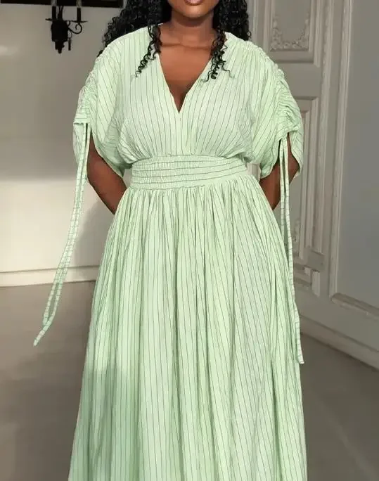 Women's Striped V-Neck Drawstring Sleeve Shirred Waist Maxi Dress Female Summer Casual Cinched Waist Zipper Back Vacation Dress