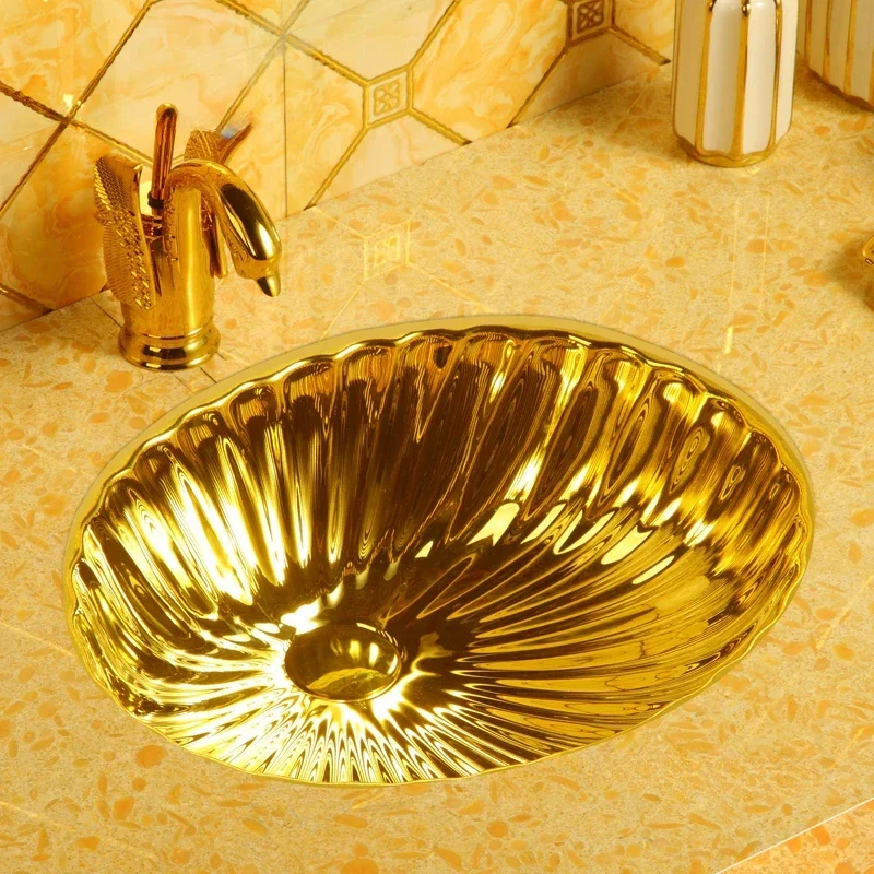 

European Under Stage Basin Oval Embedded Golden Bathroom Sinks Wash Basin Art Ceramic Bathroom Washbasins Vanity Washing Sinks