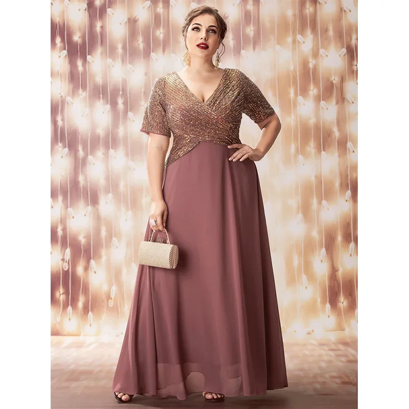 Plus Size 4xl V-Neck Short-Sleeved Colorful Sequined Long Chiffon Women's Evening Dress Banquet Wedding Sequined Evening Dress