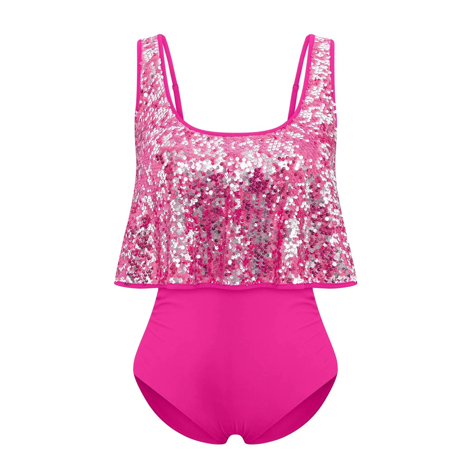 

Womens Shiny Sequins Plus Size Swimsuit Flounce Tankini Swimwear Tops with High Waist Bottom Set Tummy Control Bathing Suit