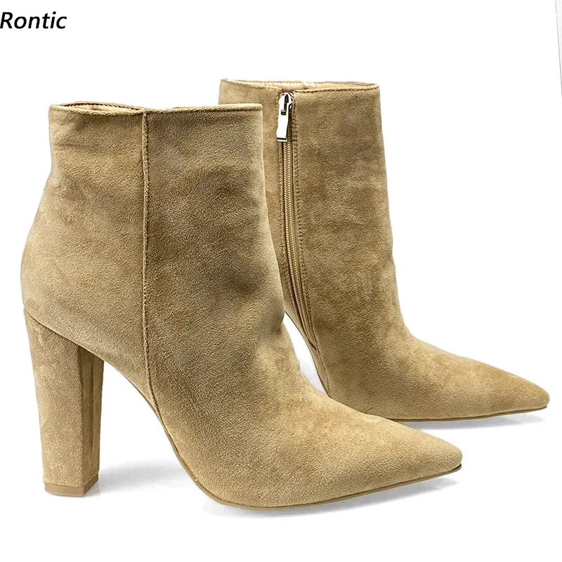 Rontic женские зимние ботильоны ручной работы, замшевая боковая молния, массивный каблук с острым носком, великолепная абрикосовая повседневная обувь, размер США 5-15