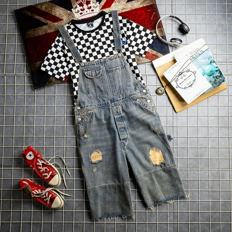

Retro Briti Sle Men's Denim Overalls Vintage Worn Hole Five-Point Pants Youthful Straight Leg Jeans Summer Season