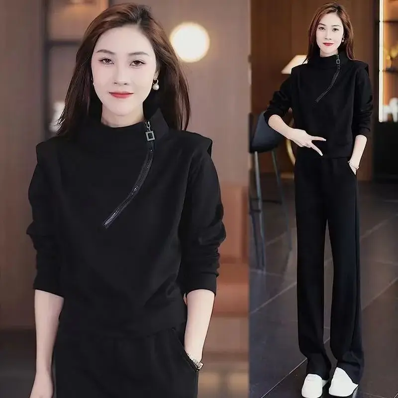 Maillard's Popular Casual Sports Set for Women's Autumn New Diagonal Zipper Knight Shoulder Top+wide Leg Pants Two-piece Set