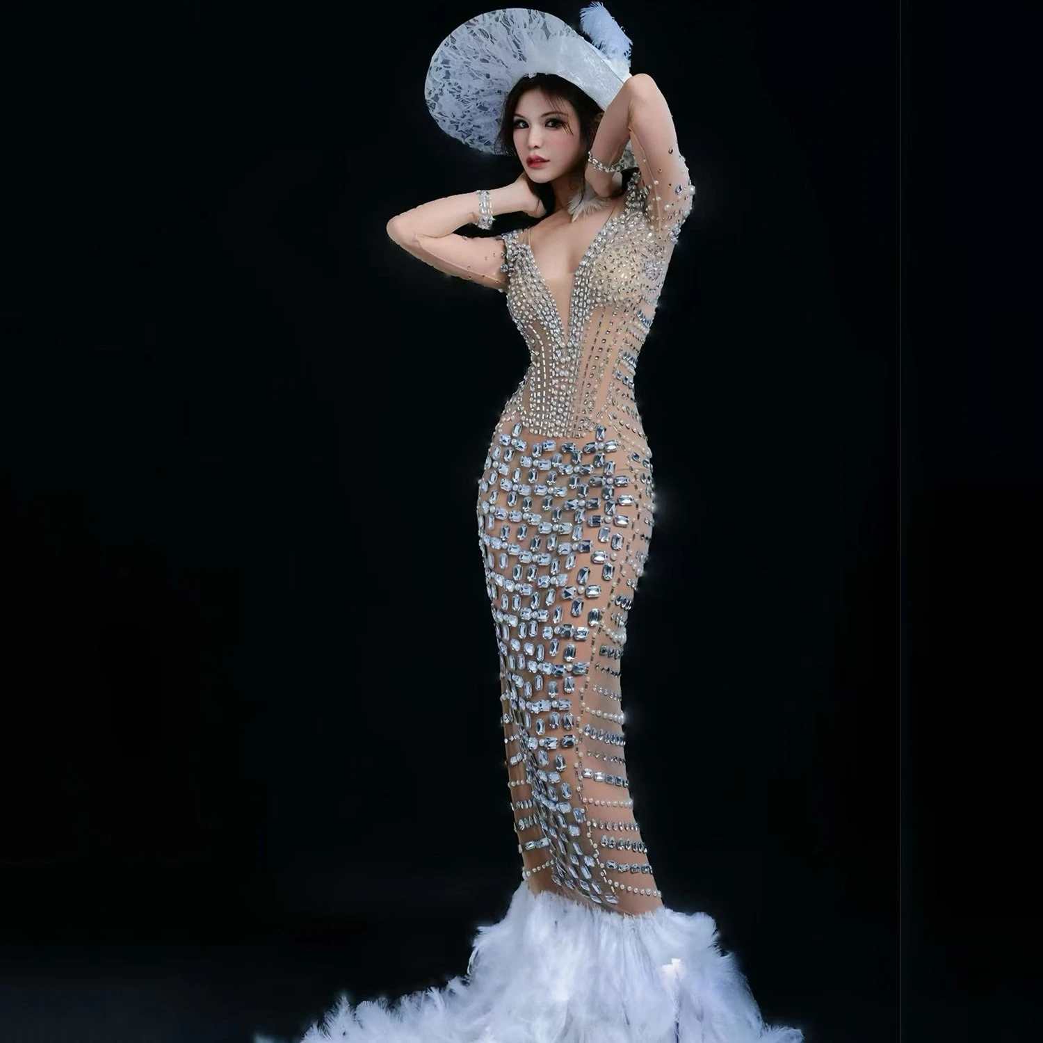 Heavy industry original perspective mesh rhinestone feather trailing dress catwalk photo engagement banquet theme party dress