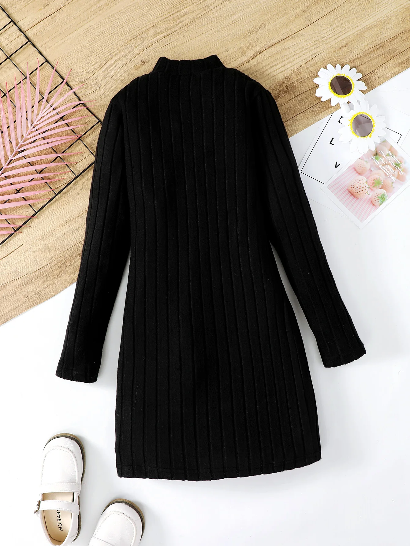 Mädchen Slim Fit Langarm Fleece-Kleid Geripptes Casual Schwarzes Kleid 7-14 Jahre Alt Einteiliges Herbst-Winter Modekleid – Detail 4