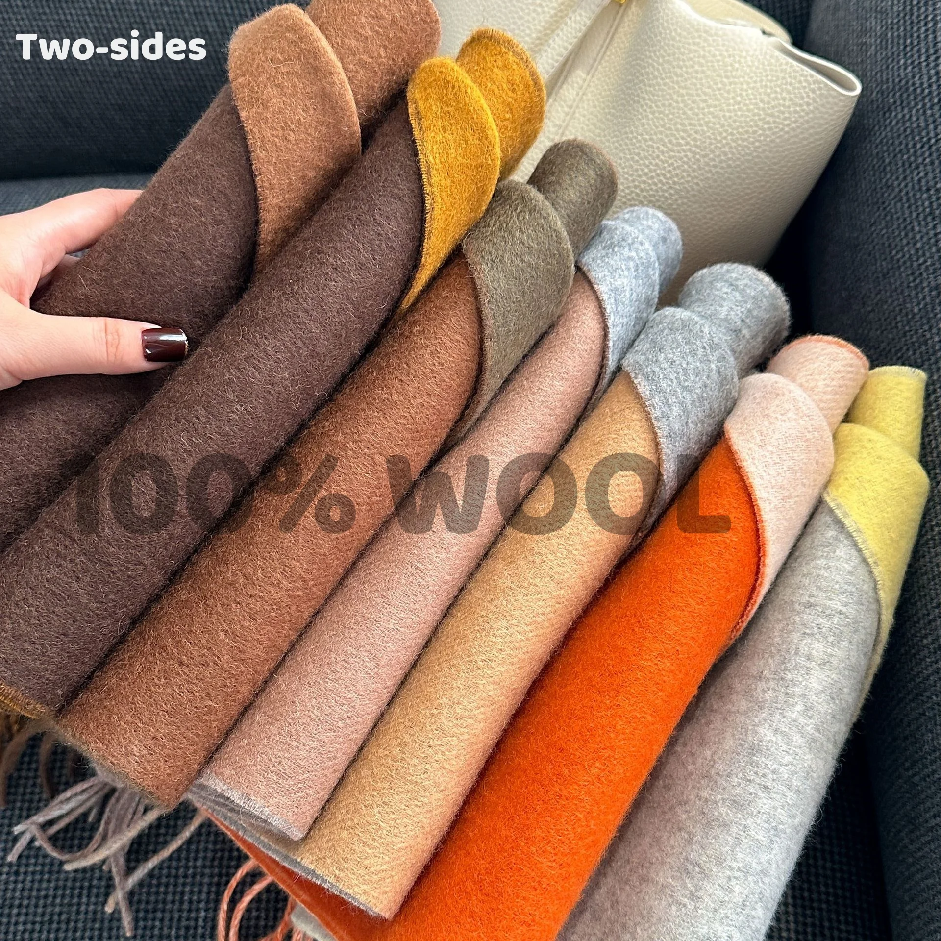 

Зимний шарф из 100% шерсти, женский роскошный двухсторонний кашемировый шарф, утолщенная теплая шаль, классический шарф с кисточками, однотонная мягкая шаль