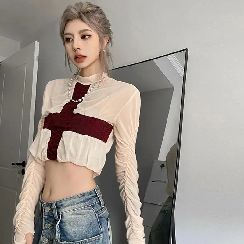 Korean Chic Pullover White Short Long Sleeve Mesh Top Long Sleeve T Shirt Women Transparent Top Patchwork Summer Fashion Clothes
