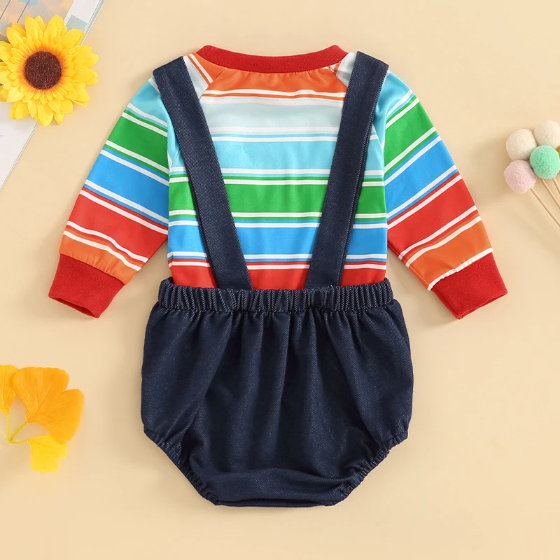 Toddler Baby Girls 2 Piece Outfit Rainbow Stripe Long Sleeve Tops and Letter Print Overalls Shorts Romper Cute Costume Set