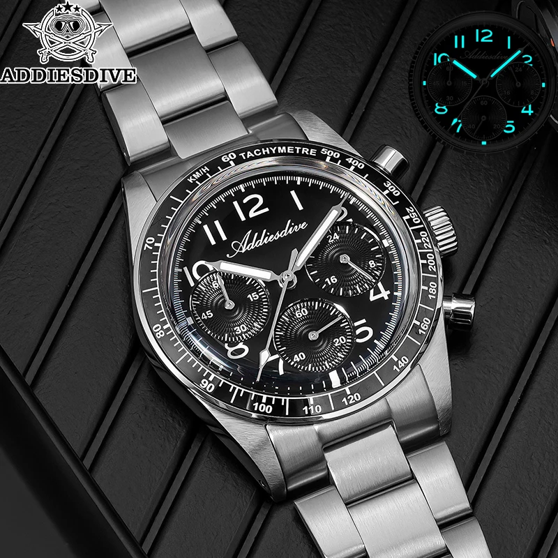 

ADDIESDVIE 37mm Men Watch 316L Stainless Steel BGW9 Blue Luminous 100m Waterproof VK63 Movement Chronograph Quartz Watch AD2517