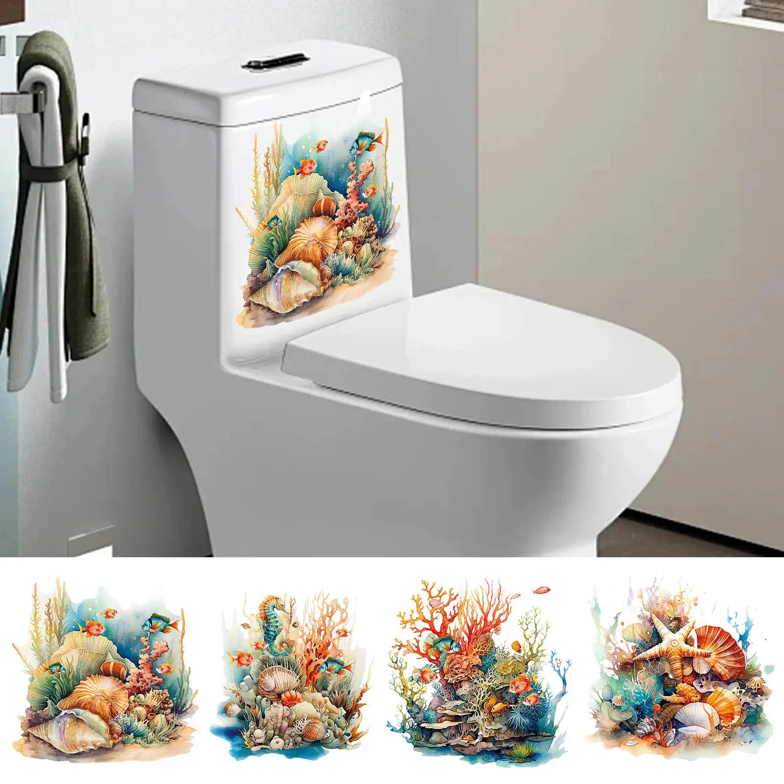 Underwater World Toilet Stickers Coral Sea Fish Conch Seahorse Toilet Lid Seat Decals Strong Back Adhesive Decoration Stickers