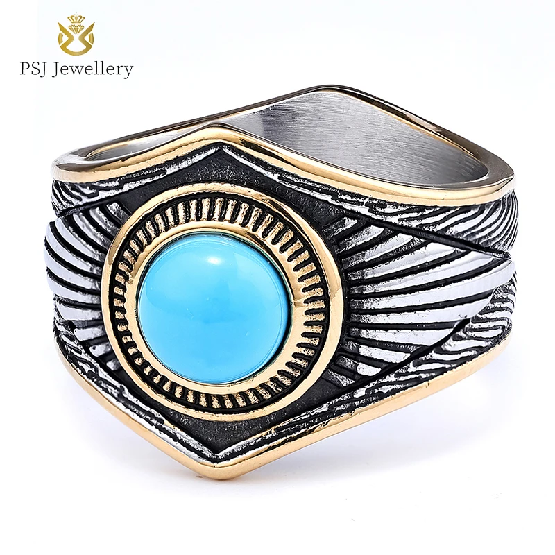 

PSJ Fashion Unisex Vintage Jewelry Turquoise Indian Style Titanium Stainless Steel Finger Rings for Men Women