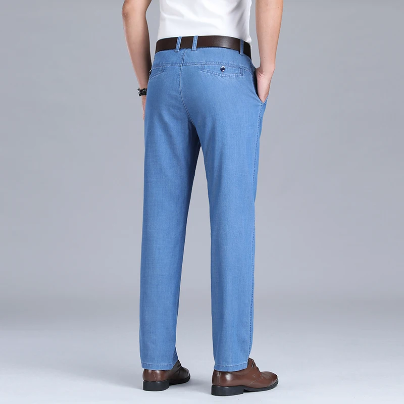 Summer Thin Jeans Men's Middle-Aged High Waist Loose Straight Breathable Cool Office Business Professional Formal Wear Pants