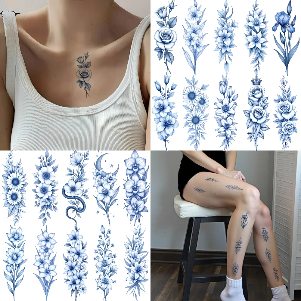 

9pcs Temporary Tattoo Flower Tattoos Temporary Tattoo Stickers Floral Tattoos Waterproof Long-lasting Body Stickers For Ladies