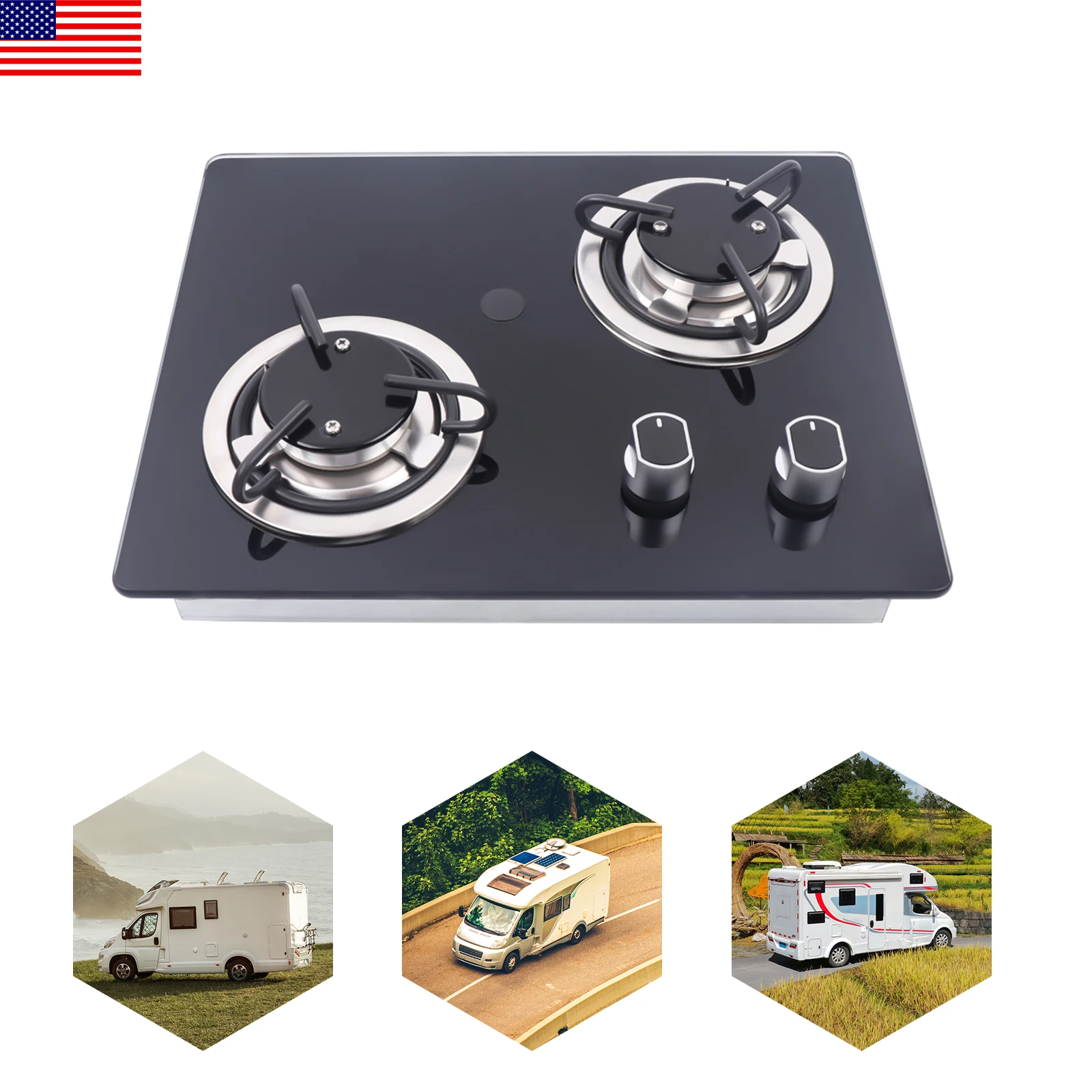 موقد غاز RV موقد غاز 2 شعلات 2*1.8KW قوة الزجاج المقسى لوحة غاز كوك العلوي لتخييم القافلة