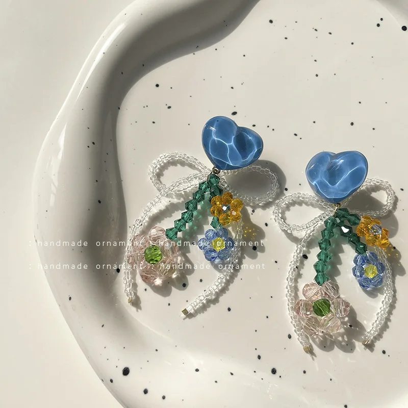 2022 New European Fashion New Fresh Blue Heart Bow Fringe Earrings For Women Korean Fashion Jewelry Design Personalized Earrings