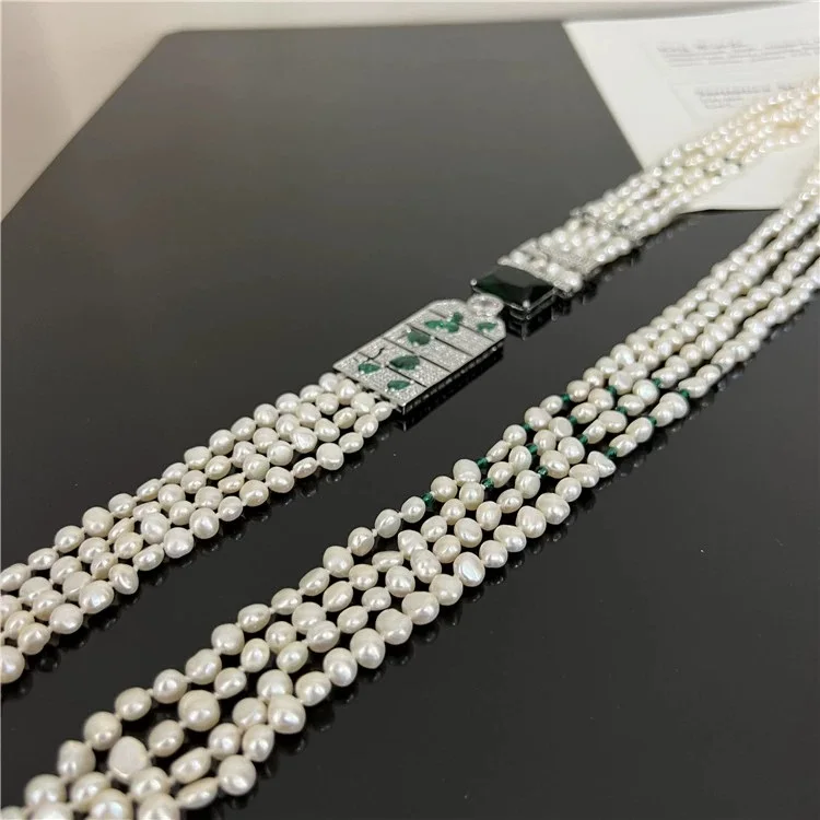 Jewelry Natural Pearl 32\'\'-35\'\' 4 Strands Natural White baroque Pearl With CZ Connector Necklace For Women