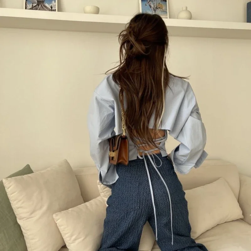 Shirts Women Fashion Design Solid Simple Criss-cross Backless All-match Casual Ulzzang Spicy Girls Elegant Streetwear Spring