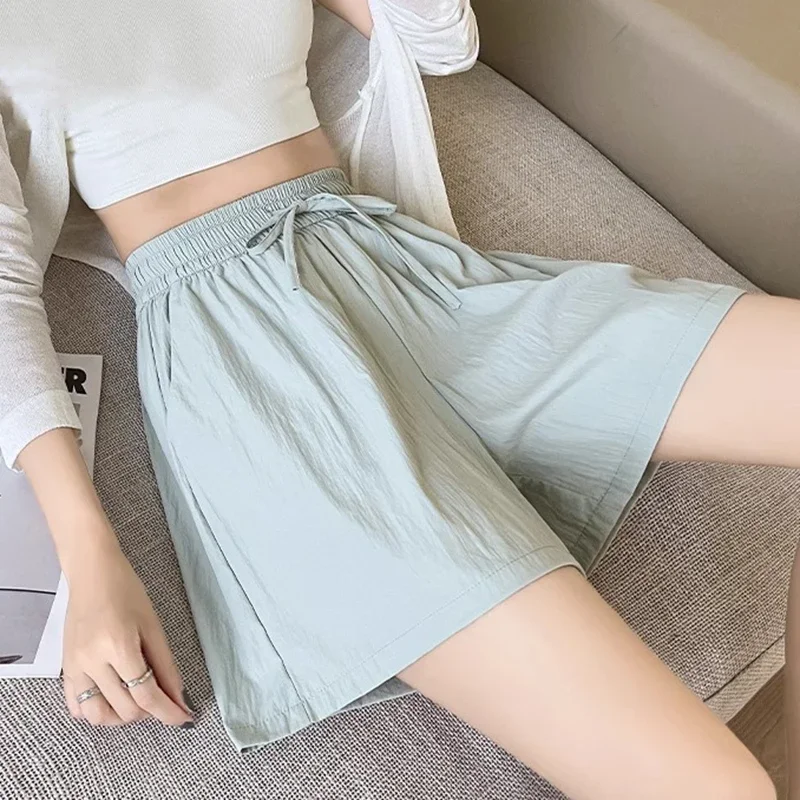 Women Casual High Waist Wide Leg Shorts Summer Lightweight Drawstring Loose Sport Running Shorts Woman Solid Color Beach Pants