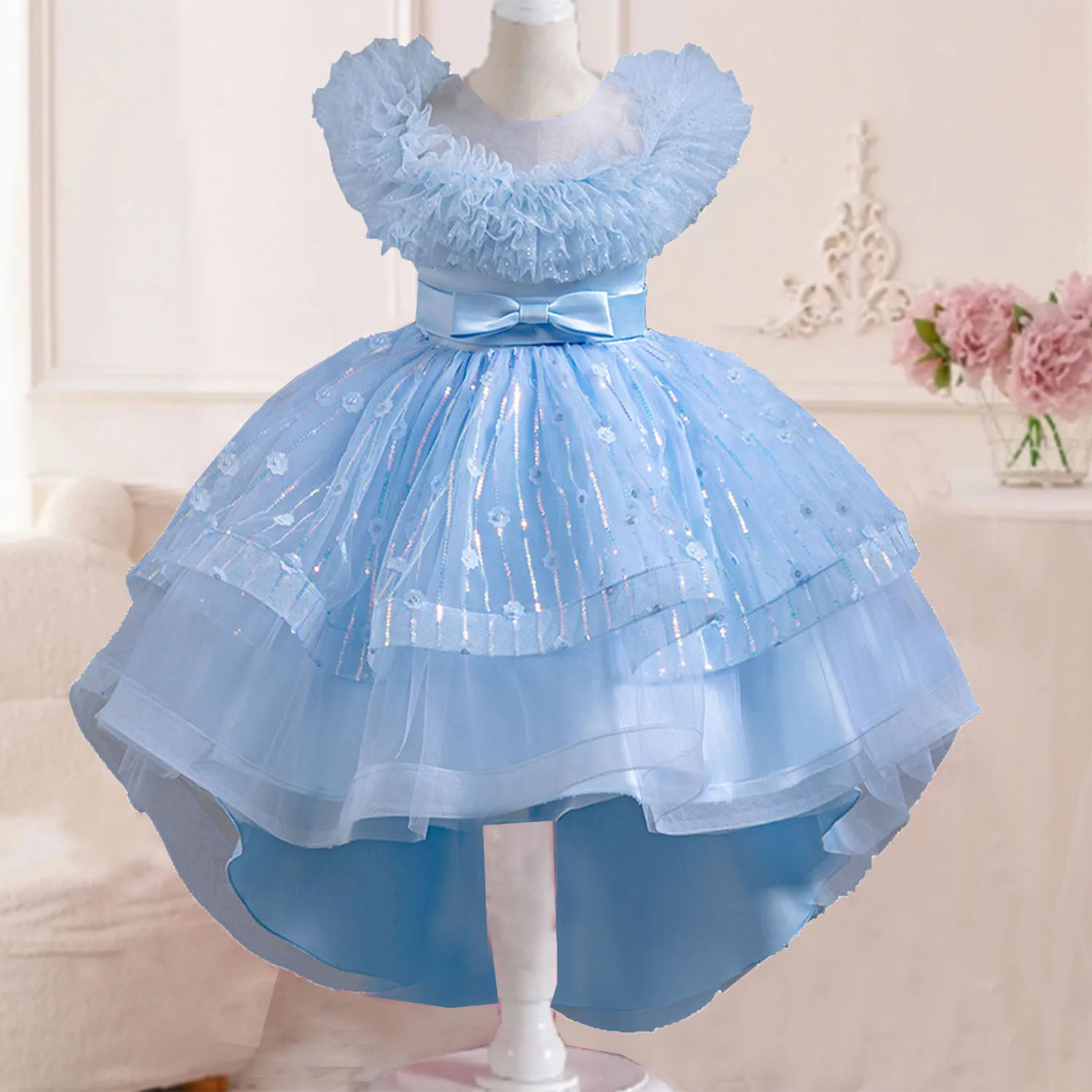 

AmyStylish Toddler Little Girls Ruffled Bowknot Birthday Party Graduation Ceremony Pageant Festival Holiday High-Low Dress