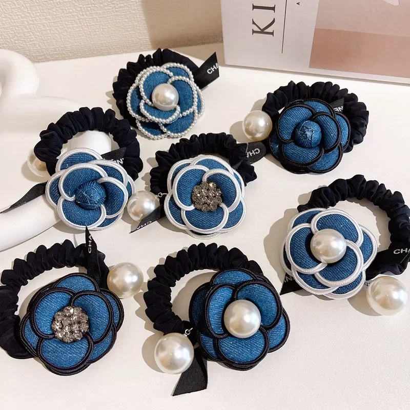 Korean Fashion Camellia Flower Hair Ties Intestine Ring Pearl  Rope Temperament Ponytail Rubber Band Headdress for Girls