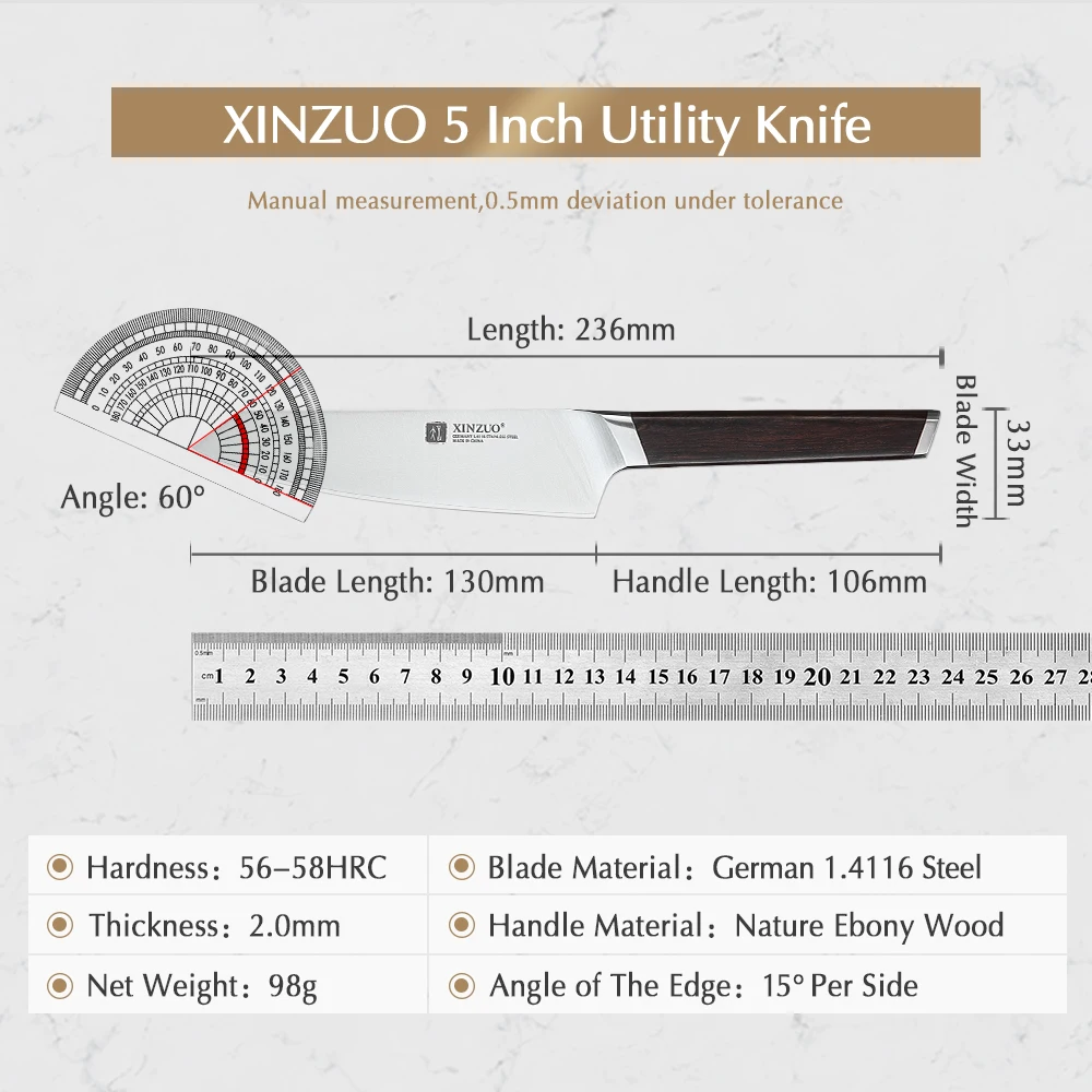 XINZUO 5 Inch Utility Knife High Carbon Germany 1.4116 Kitchen Knives with Ebony Handle New Fruit Peeling Knife Kitchen Tackle