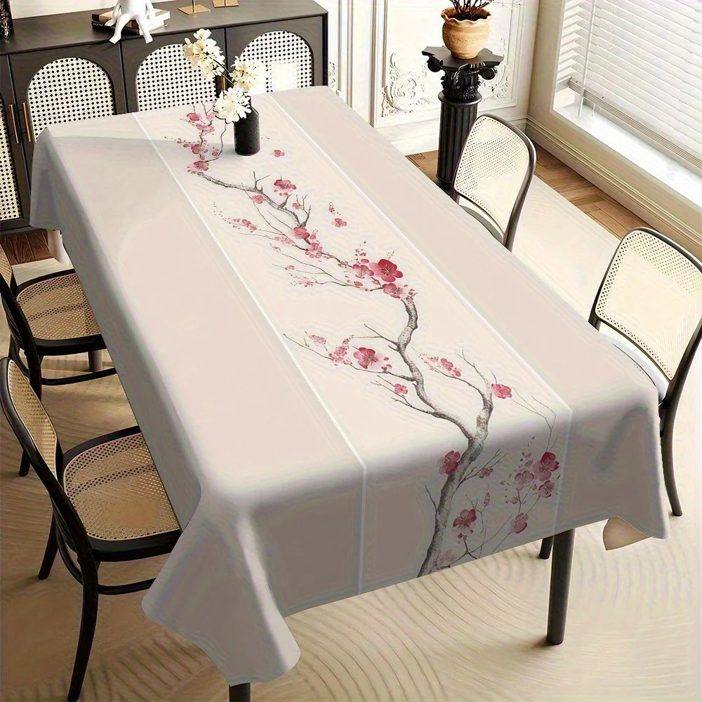 Chinese Style Cherry Blossoms Rectangle Tablecloth Table Decor Reusable Farmhouse Kitchen Dining Tablecloth Holiday Party Decor