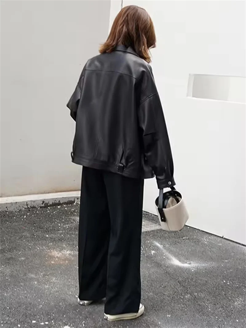 Veste en Faux cuir PU pour femme, vêtement d'extérieur décontracté, noir, à revers, à manches longues, pour moto, nouvelle collection printemps-automne 2025