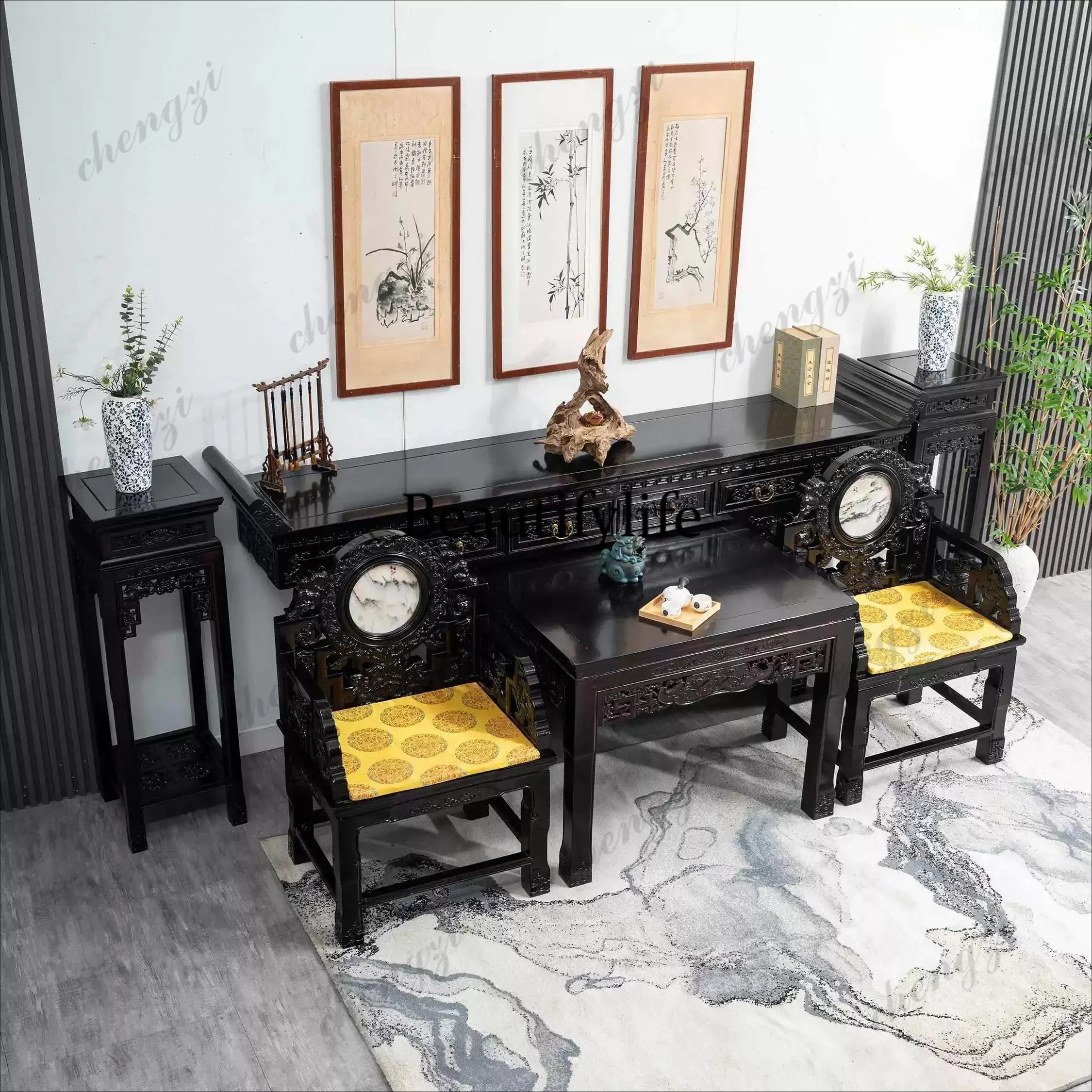 DD182Zhongtang furniture six-piece set, solid wood Chinese-style rural hall house, living room, four pieces for Buddha