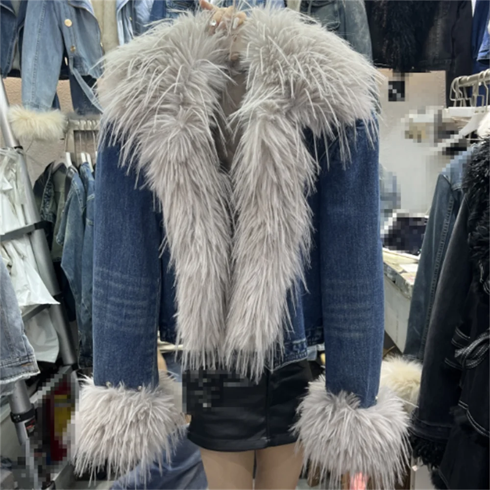 

fashion loose tassel parka large fur collar denim short jacket