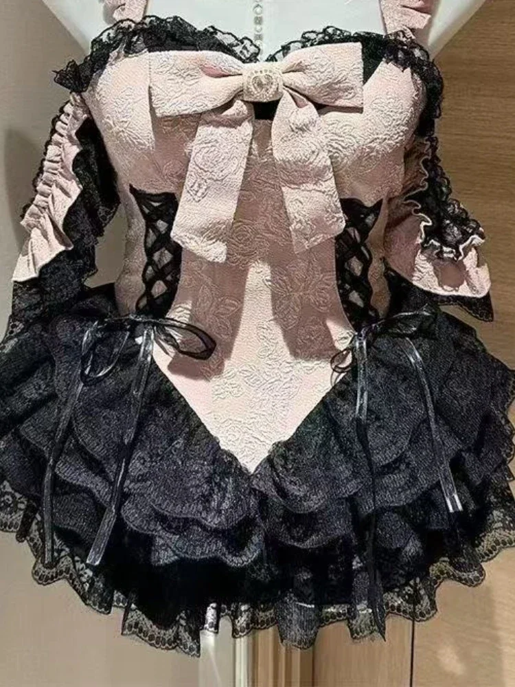

2025 милое элегантное кружевное женское платье Лолиты Y2k с открытыми плечами, дизайн для вечеринок, женская шикарная корейская одежда в стиле ретро, новинка лета