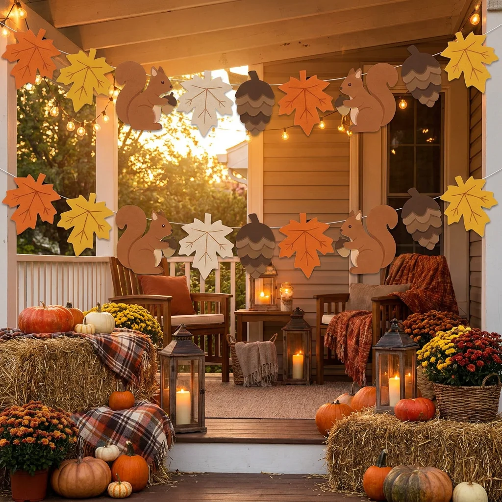 Fall Felt Pumpkin Pinecone Maple Leaf Garland Autumn Harvest Banner for Fireplace Mantel, Thanksgiving Home Decoration Halloween view 4