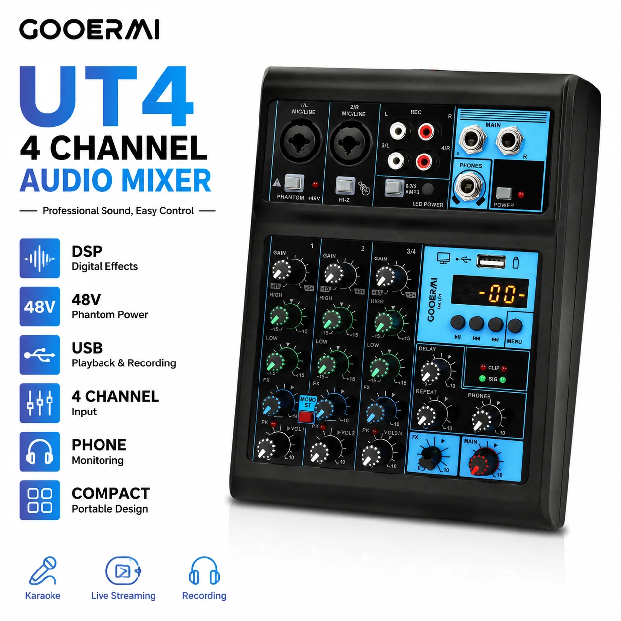 Audio Mixer 4 Channel - GOOERMI UT4 4チャンネルオーディオミキサー DSPエフェクト搭載 USBサウンドミキサーコンソール 48Vファンタム電源