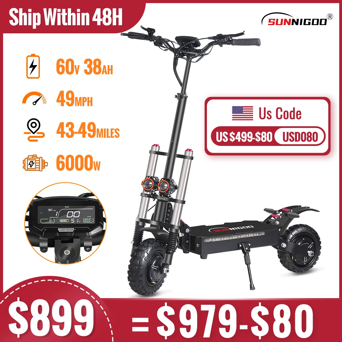 SUNNIGOO 50Mph Fast Electric Scooter for Adults Off Road Tire 6000W Powerful Dual Motor Hydraulic Suspension Electric Scooter