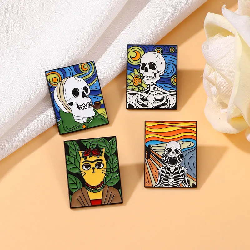 Cartoon Oil Painting Skull Design Alloy Brooch Creative Famous Painting Badges Pins For DIY Clothes Bags Hat Scarf Jeans Decor