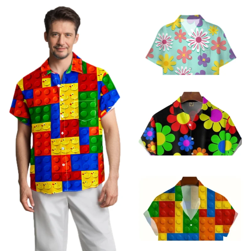 Hawaii Men\'s Shirt Cute Duck Print Casual Beach Short Sleeve Top Floral Toy Building Blocks 3D Print Button Up Shirt Clothes