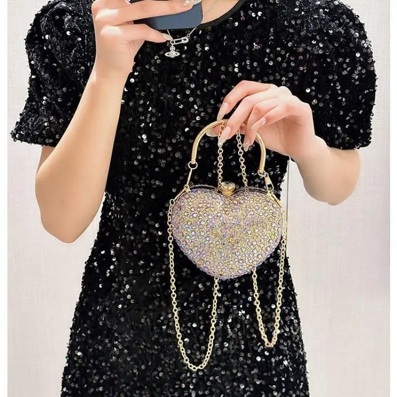 1Piece Rhinestone Mini Handbags Luxury Diamond Inlay Heart Shape Crystal Clutch Purse Evening Wedding Party Traveling Bag