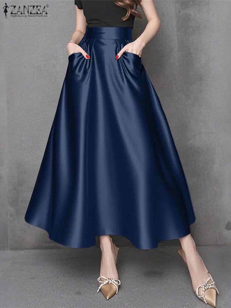 Fashion Women High Waist Party Skirt 2025 ZANZEA Summer Satin Jupe Elegant A-line OL Work Faldas Saia Stylish Maxi Long Skirts