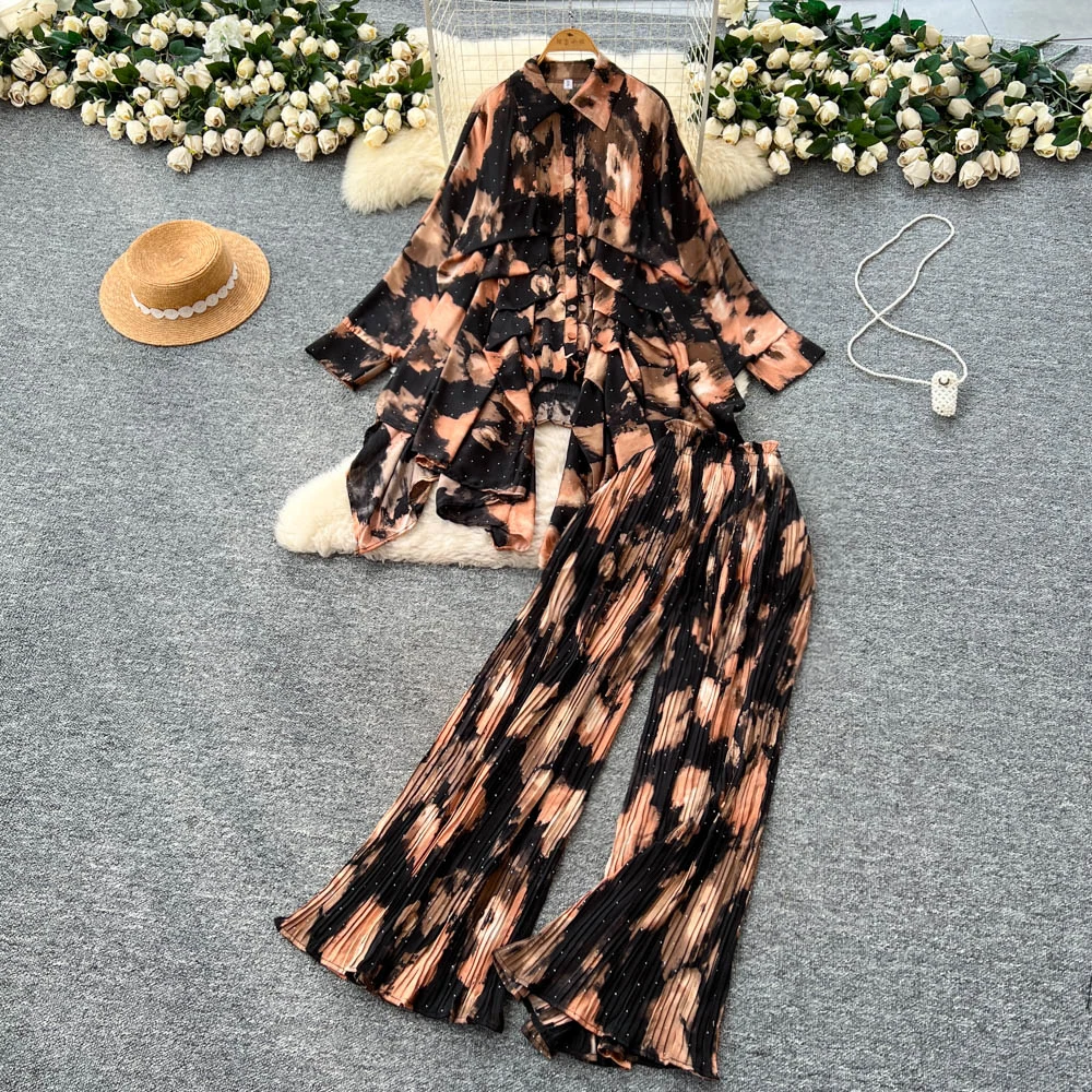 

Women Two Pieces Sets long sleeve asymmetrical print Top and Fashion Hotsweet High Waist Elastic Waist Wide Leg Pant Sets