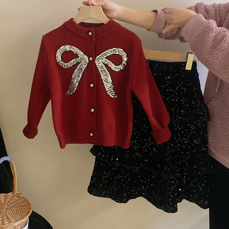 Baby Girls Sets Glitter Bowknot Knitted Sweater Fleece Lotus Lace Sequin Skirt 2024 Autumn Winter New Korean Style Kids Sets