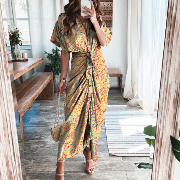 

2024 Women's Summer New Short Sleeved Temperament Commuting High Waist Printed Long Dress