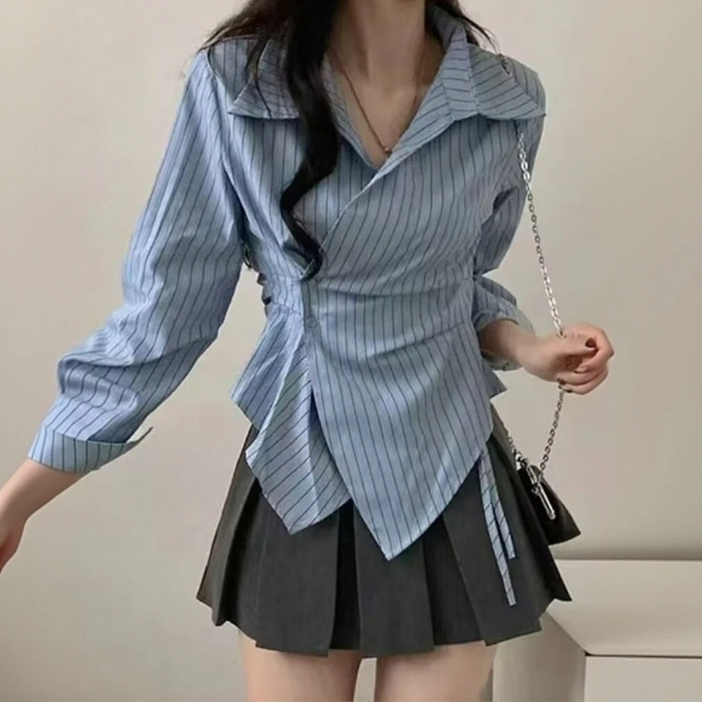 

Осенние женские рубашки, облегающие повседневные рубашки в полоску с длинным рукавом и воротником рубашки K-Fashion