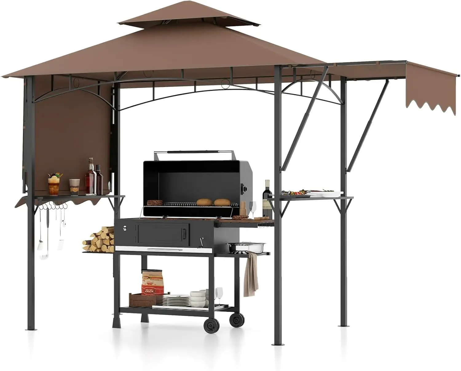 13x5 Ft Grill Gazebo with Dual Side Awnings, 2-Tier Barbecue Gazebo with 2 Shelves, 7 Hooks, Adjustable Shadow, Outdoor Grill