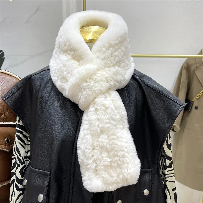 Women's Real Rex Rabbit Fur Scarf Winter Knitted Fashion Ladies Wraps Fall Winter Coat Dress Accessories