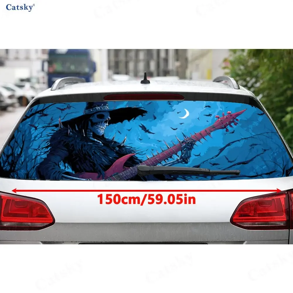 Punk Skull Guitar Journey Blue Sky PVC Perforated Car Vinyl Wraps, Durable Car Rear Windshield Sticker, Waterproof Car Rear Wind